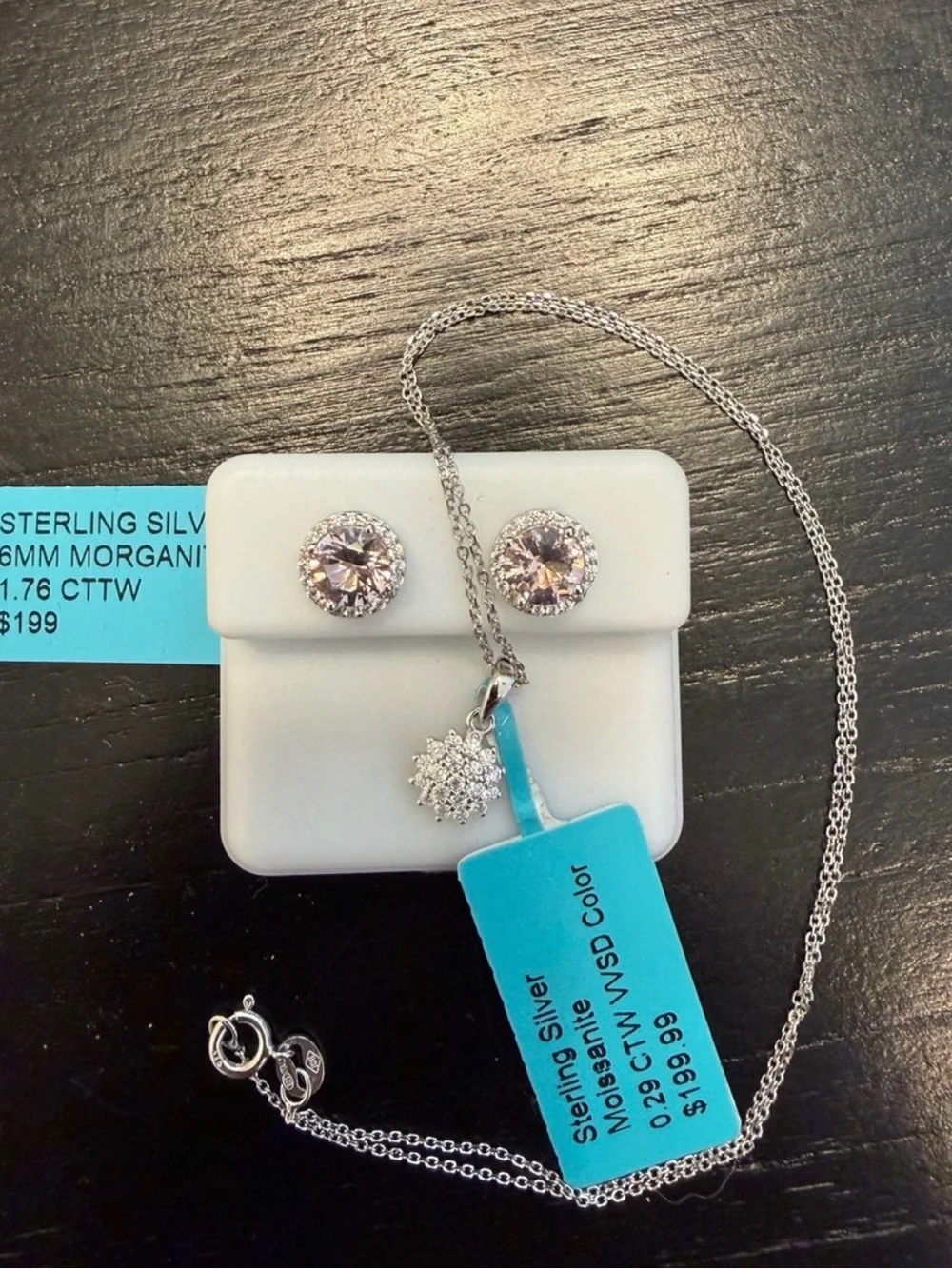 Italy 925 Sterling Silver Pink Morganite Earrings and Moissanite Necklace Set